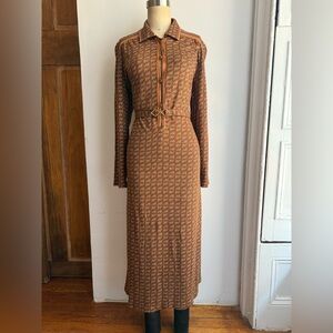 Vintage 70s Brown Geometric Cotton Midi Dress Long Sleeve Belted Shirt Dress